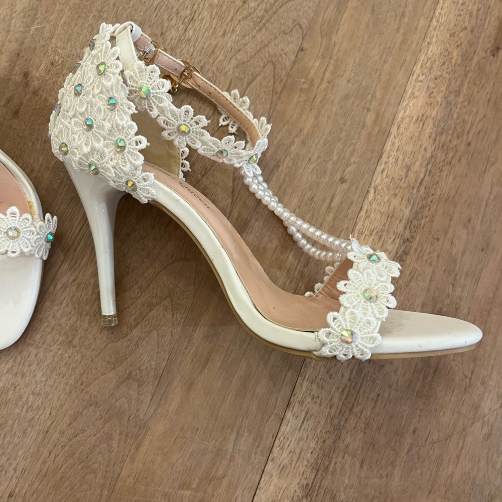 Crystal Queen white beaded embellished heels, ankle straps